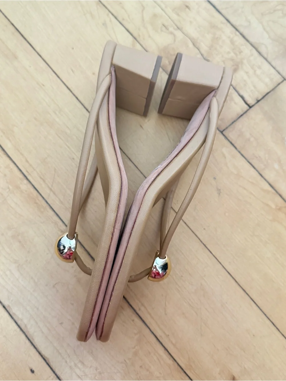 Loeffler Randall flip flop sandal with metal hardware nude leather size7